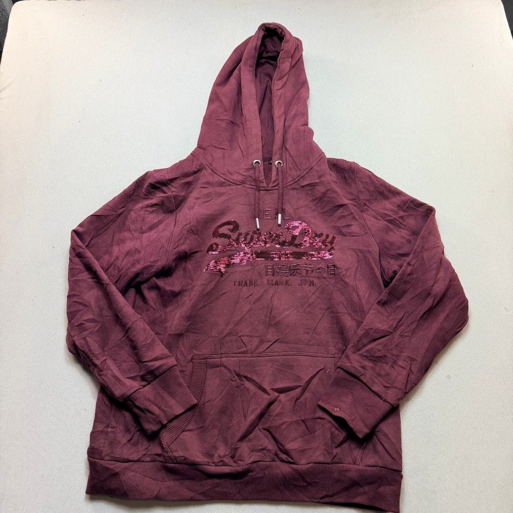 Superdry Hoodie Women Size 14 Burgundy Excellent Sequin Logo Pullover Sweatshirt
